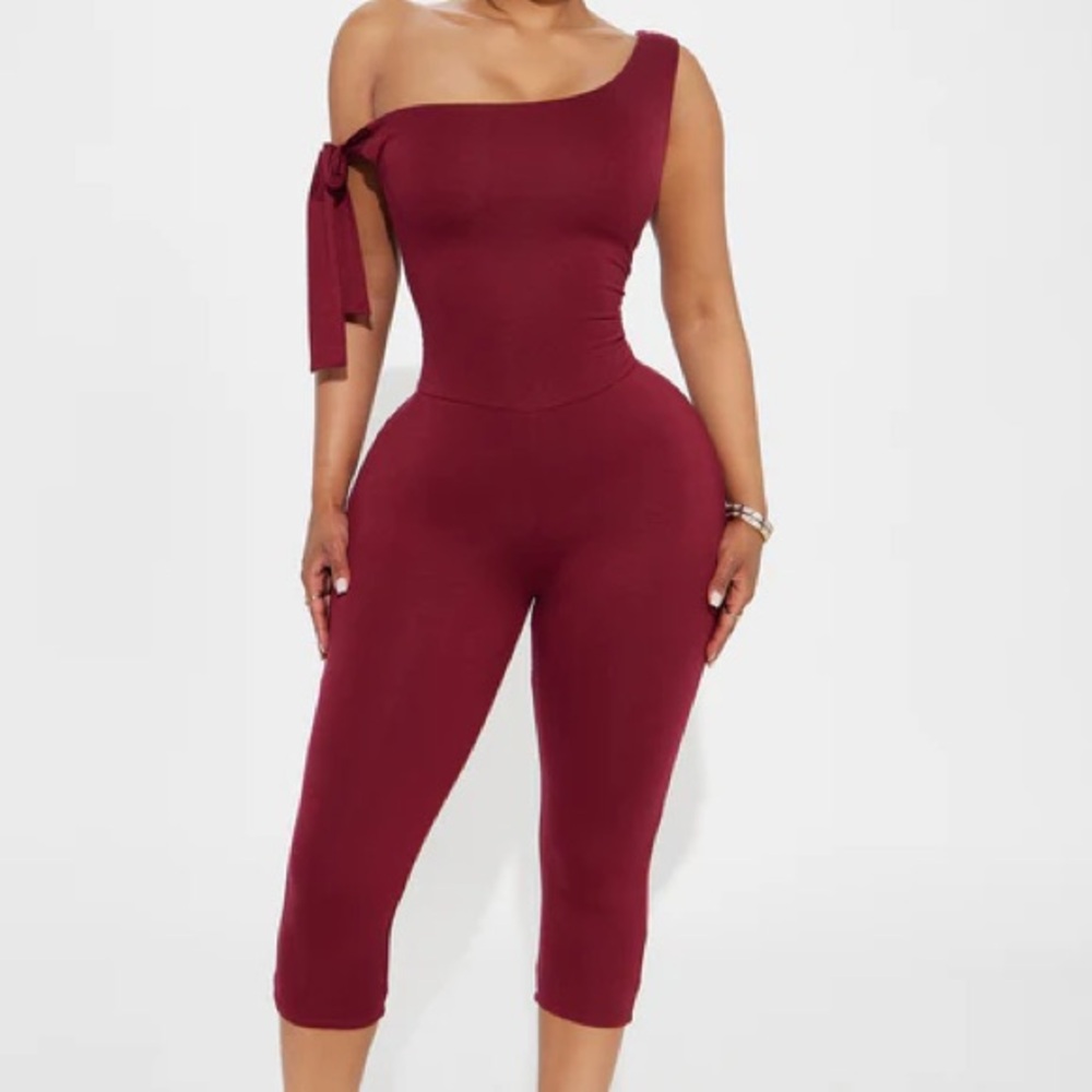 Fashion Nova Burgundy One-Shoulder Jumpsuit